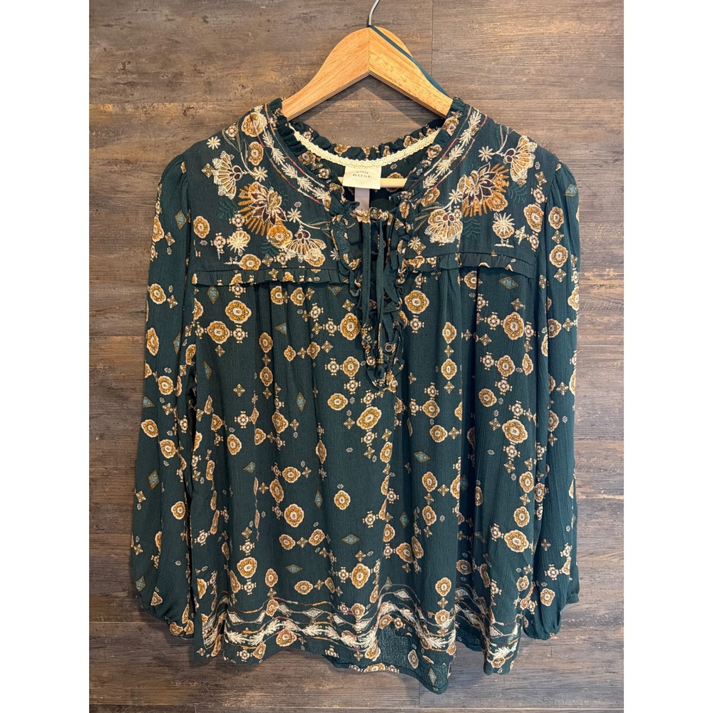 Knox Rose Women Teal Green Boho Embroidered Tassel Peasant Blouse Top Large